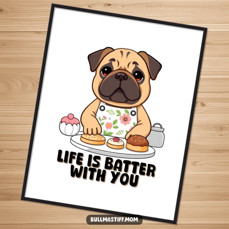 Funny Free Printable Wall Art: A Bullmastiff in a floral apron happily bakes a variety of pastries.