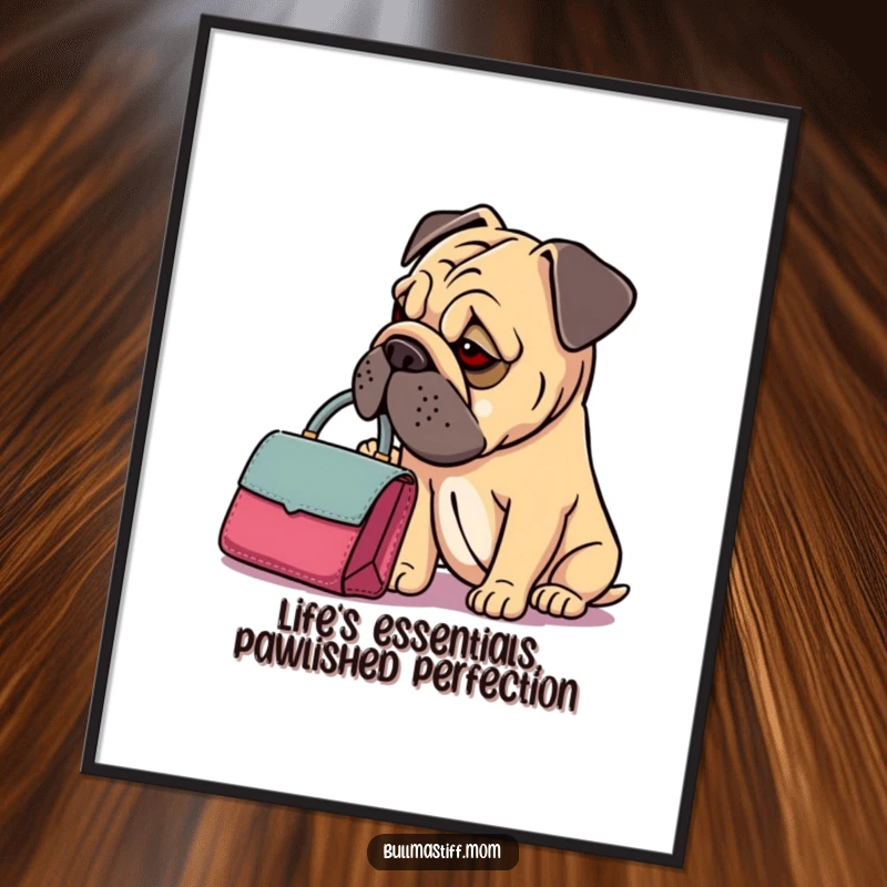 Funny Free Printable Wall Art: Bullmastiff with a dainty handbag, contemplating its fashionable contents.