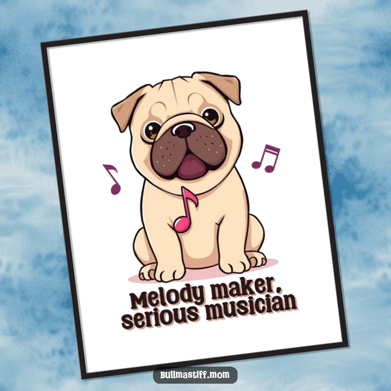 Funny Free Printable Wall Art: A Bullmastiff with a musical note, decorating a melody with joyful expression.