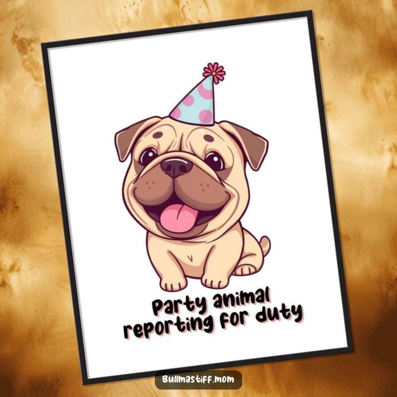Funny Free Printable Bullmastiff with a happy expression and a tiny party hat, radiating pure joy.