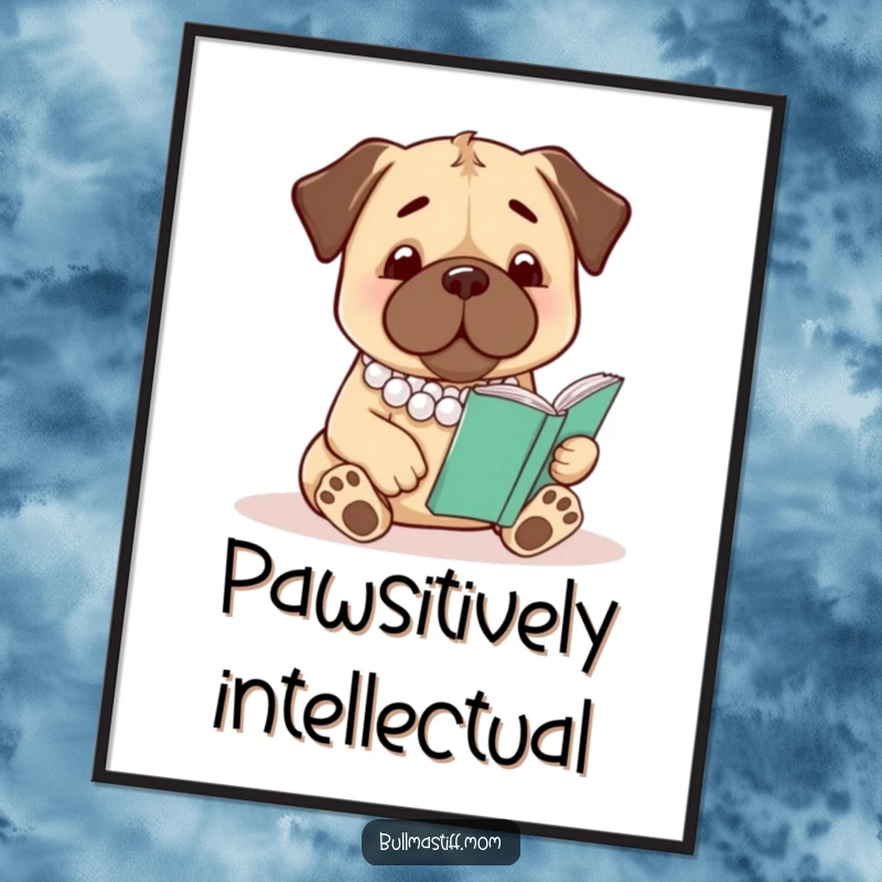 Funny Free Printable Wall Art: A distinguished bullmastiff adorned with pearls, engrossed in a book, creating humorous and elegant home decor.