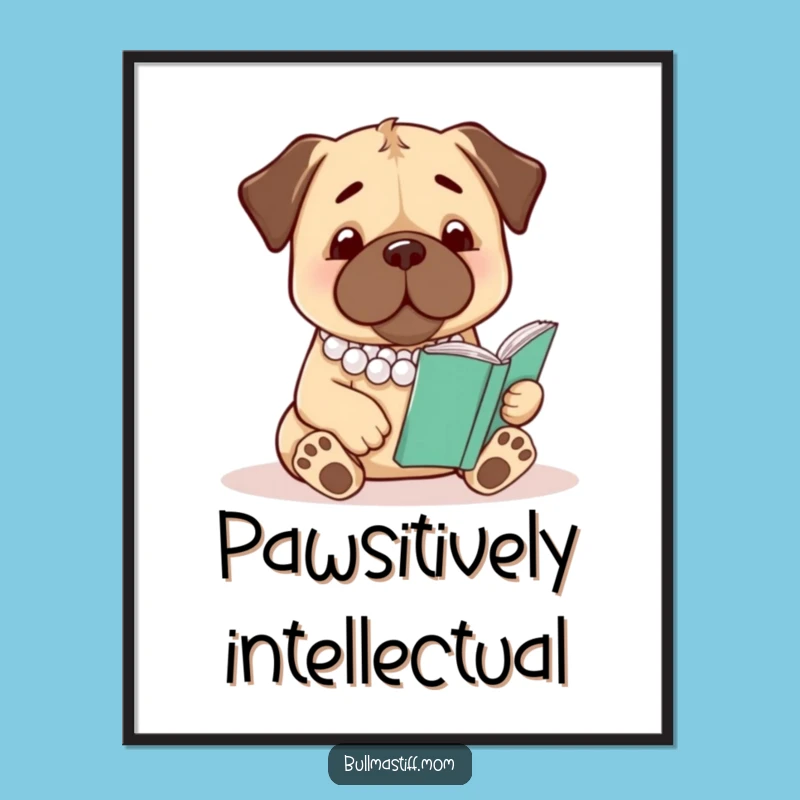 Free Printable Wall Art: Funny Reading Bullmastiff with Pearls, Quirky Home Decor