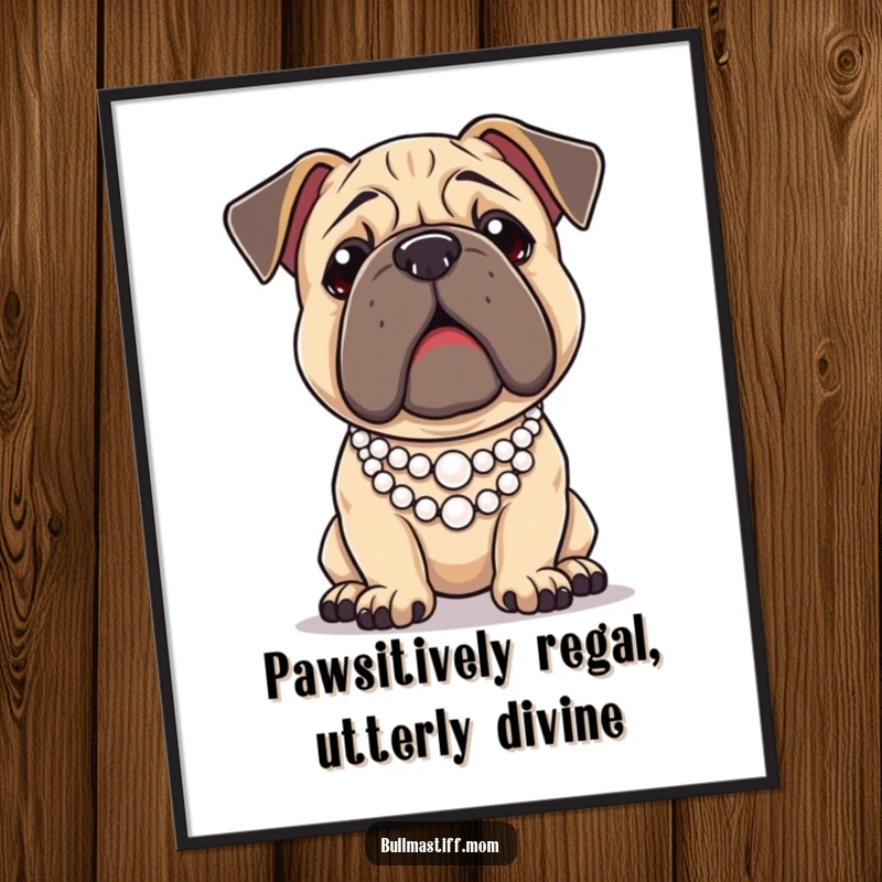 Funny Free Printable Wall Art: A Bullmastiff wears a tiny pearl necklace, striking a majestic and undeniably regal pose.