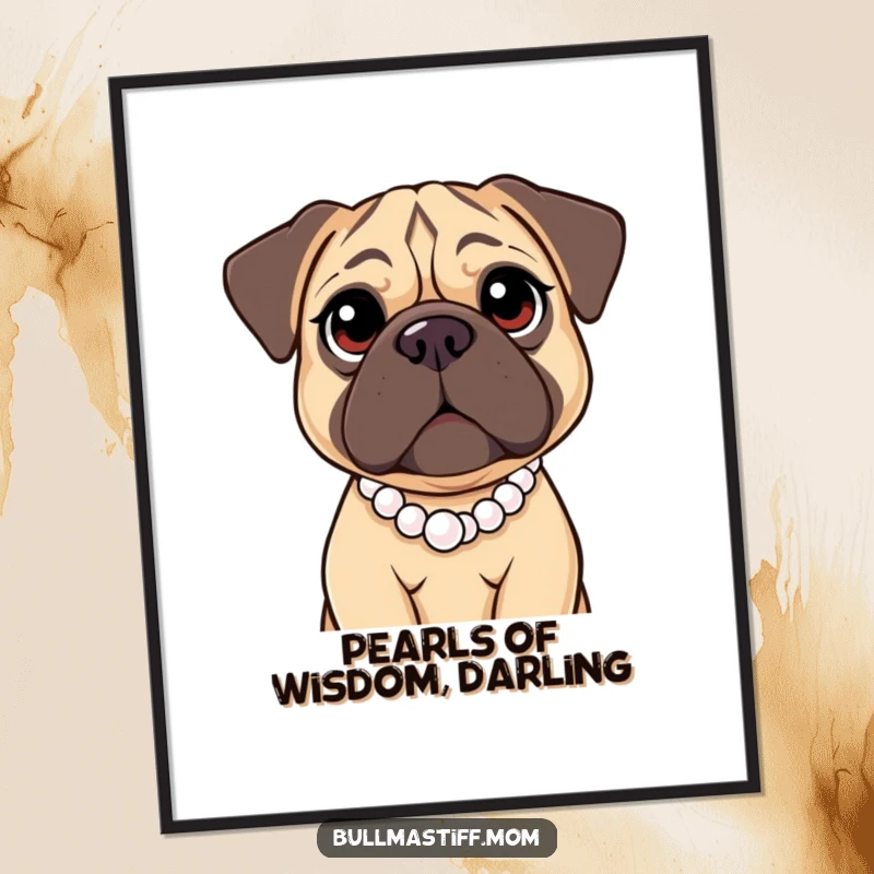 Funny Free Printable Wall Art: A Bullmastiff with big, kind eyes, wearing a pearl necklace, looking sweet.