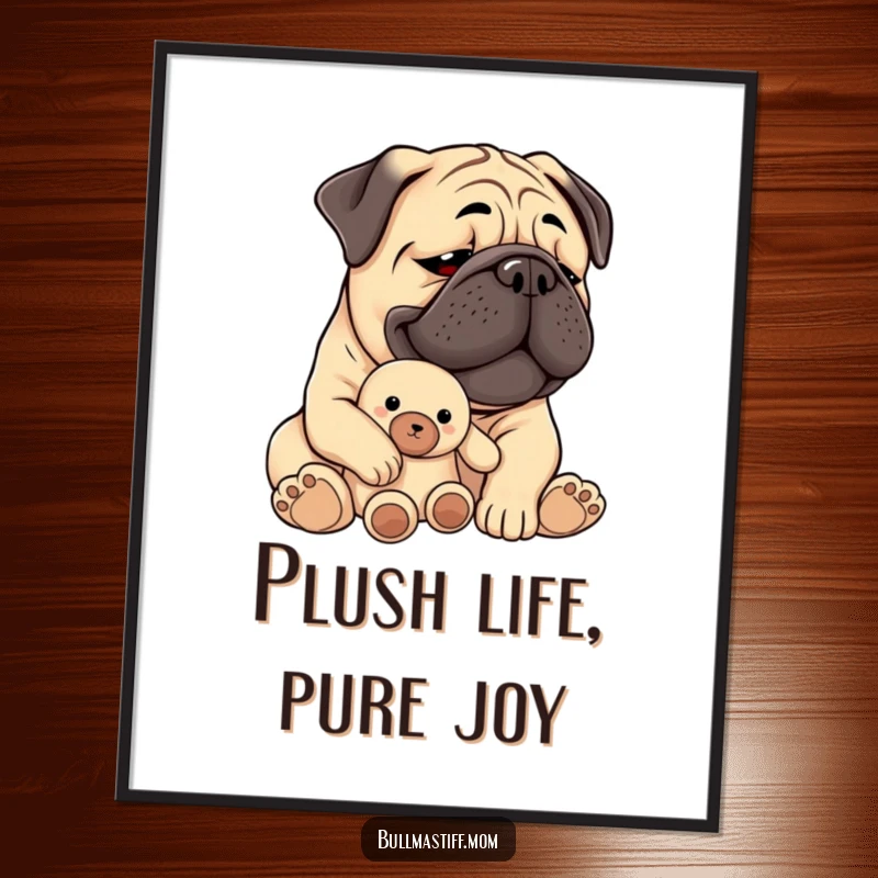 Funny Free Printable Wall Art depicting a Bullmastiff looking content and cherished, snuggled up with its favorite plush toy.
