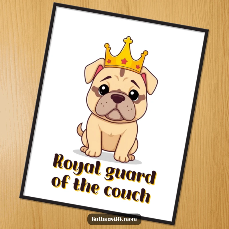 Funny Free Printable Wall Art: A powerful Bullmastiff wearing a crown, posing confidently with regal authority.