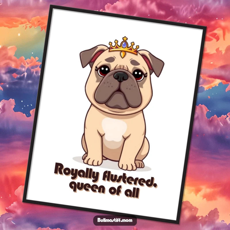 Funny Free Printable Wall Art: A majestic Bullmastiff wearing a tiny tiara, looking regally confused and slightly flustered.