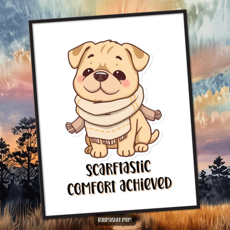 Funny Free Printable Wall Art: A content Bullmastiff wearing a soft scarf, exuding ultimate coziness and happy vibes.