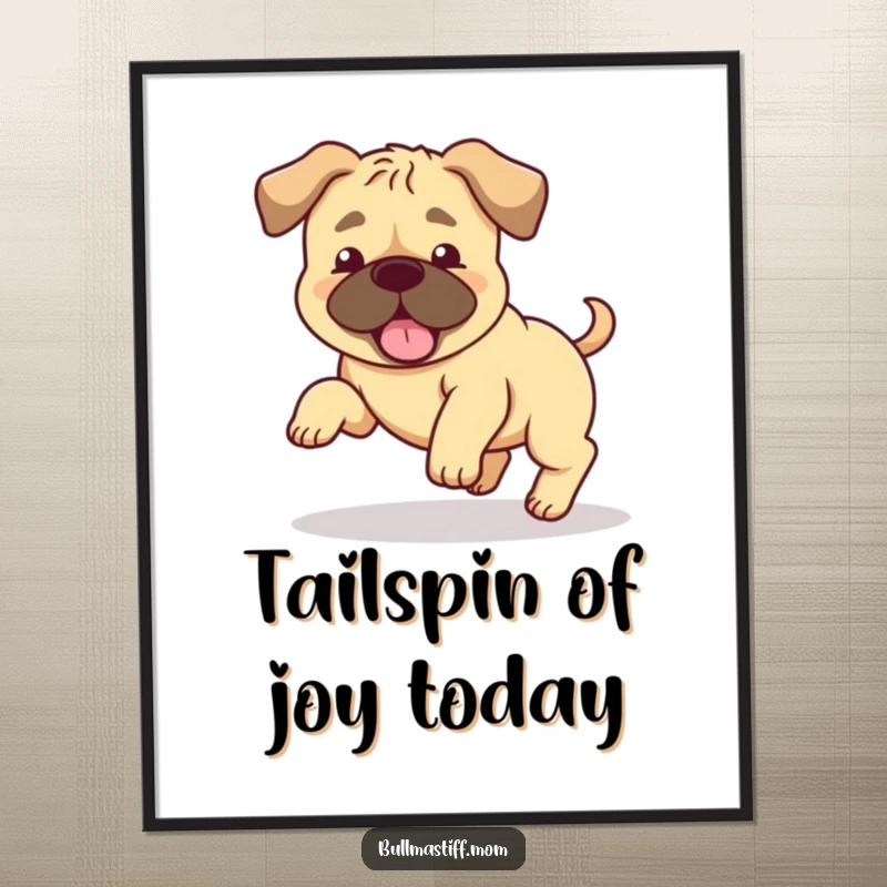Funny Free Printable Wall Art: A Bullmastiff with floppy ears in a comical circle, chasing its tail with pure joy.