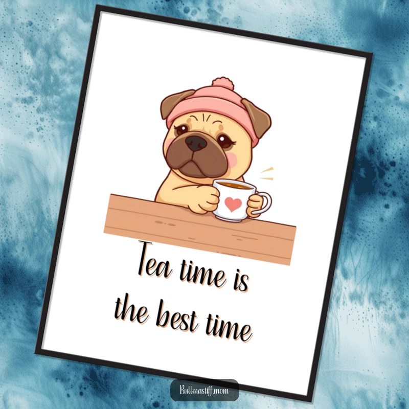 Funny Free Printable Bullmastiff in a warm hat, offering a cup of tea, cozy and warm wall art.