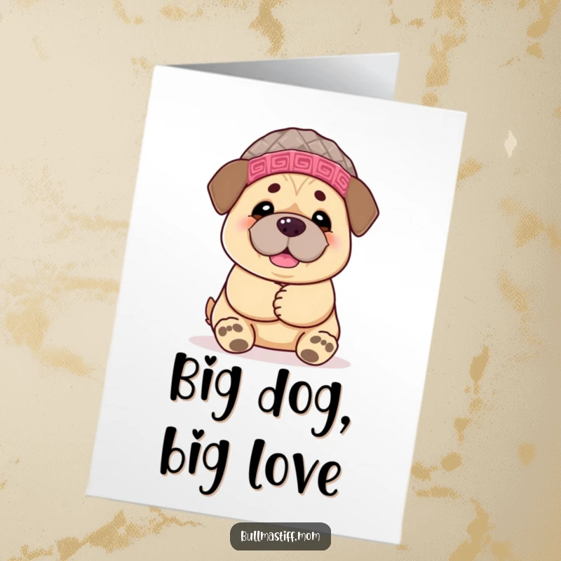 Funny Free Printable Birthday Card: A cheerful Bullmastiff in a cozy knitted hat leans in to give a giant, loving hug.