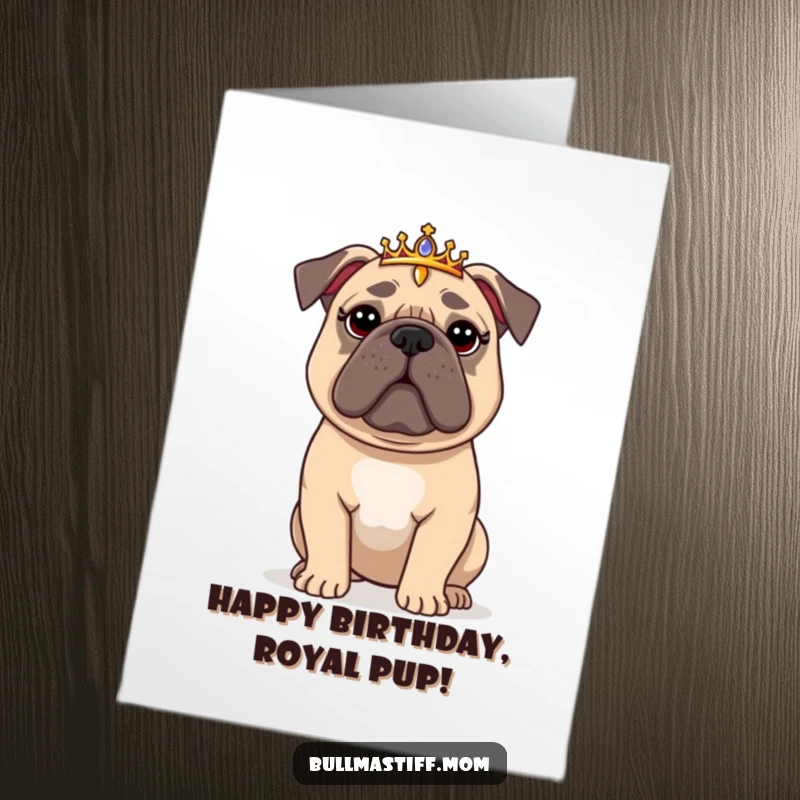 Funny Free Printable Birthday Card: A regal Bullmastiff wearing a tiny tiara, looking hilariously flustered and majestic.