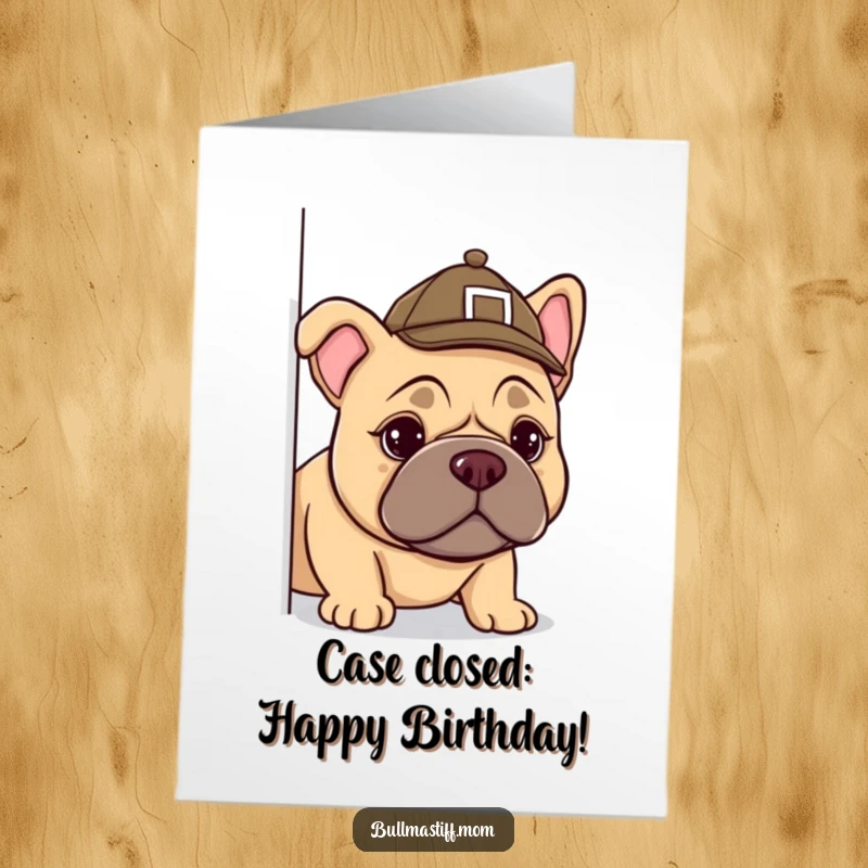 Funny Free Printable Bullmastiff detective wearing a tiny hat, peeking around a corner with a curious expression.