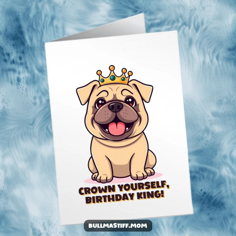 Funny Free Printable Birthday Card: Delighted Bullmastiff in a tiny crown, looking like royalty and ready to party.