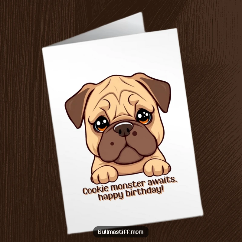 Free Printable Birthday Card: Bullmastiff with big eyes attempts to balance a cookie on its nose, looking adorable.