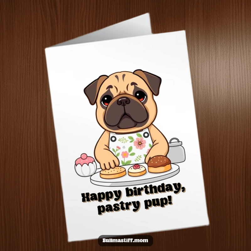 Funny Free Printable Birthday Card: Bullmastiff in floral apron joyfully bakes pastries with flour on nose.