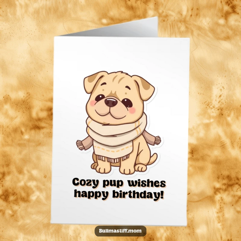 Funny Free Printable Birthday Card: Cozy Bullmastiff in scarf radiating warmth and contentment, ready to celebrate.