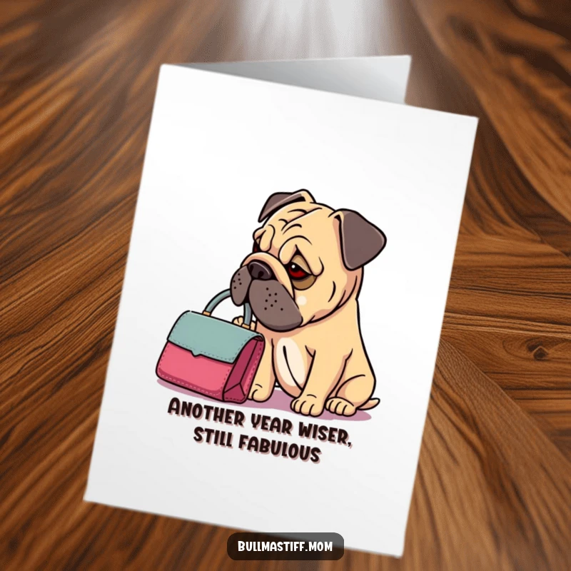 Funny Free Printable Birthday Card: Elegant Bullmastiff peeking into a dainty handbag, full of surprise.