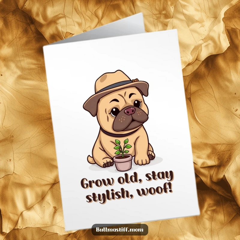 Funny Free Printable Birthday Card: Dapper Bullmastiff in hat waters tiny plant, perfect DIY chuckle.