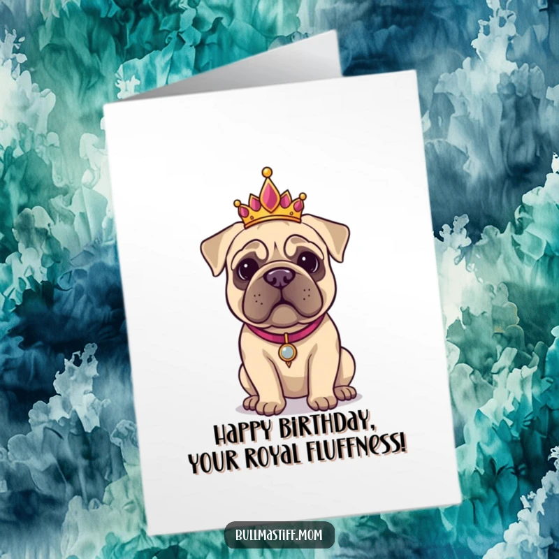 Funny Free Printable Birthday Card: A Bullmastiff dog wearing a sparkly tiara, posing like royalty.