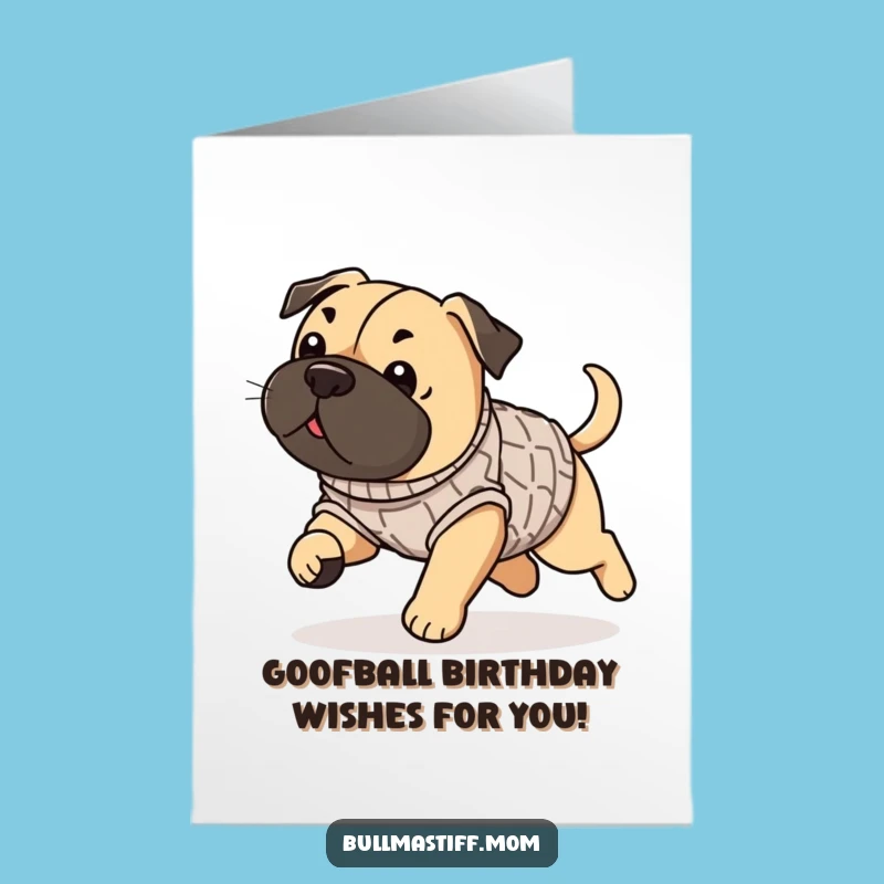 Free Printable Birthday Card: Silly Bullmastiff in Sweater - Funny Tail Chase Downloadable Greeting!
