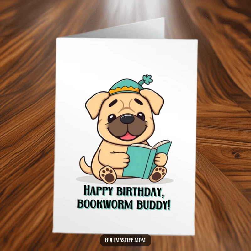 Funny Free Printable Birthday Card: A smiling Bullmastiff sports a tiny hat while engrossed in reading a book.