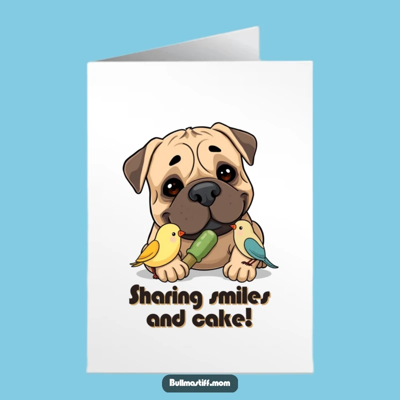 Free Printable Bullmastiff Birthday Card: Sweet Dog & Bird, Funny Downloadable Gift
