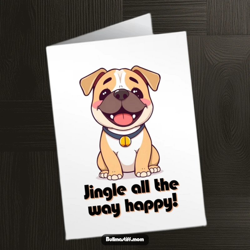 Funny Free Printable Birthday Card: A Bullmastiff with a huge smile and a jingly bell collar wishes you a very happy birthday.