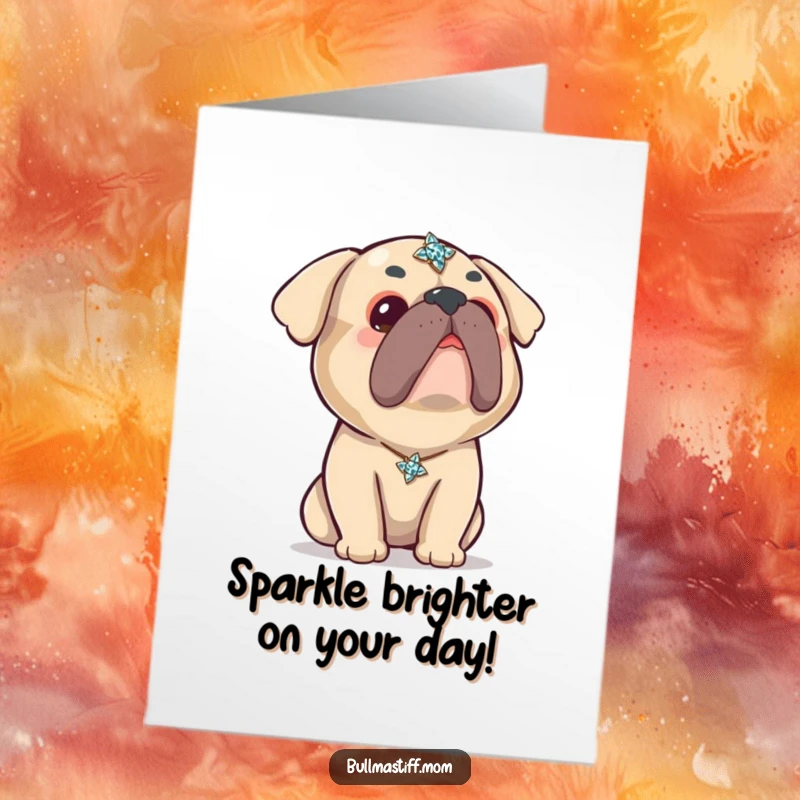 Funny Free Printable Birthday Card: A cute Kawaii Bullmastiff gazes up with wonder at a shiny, sparkling brooch.