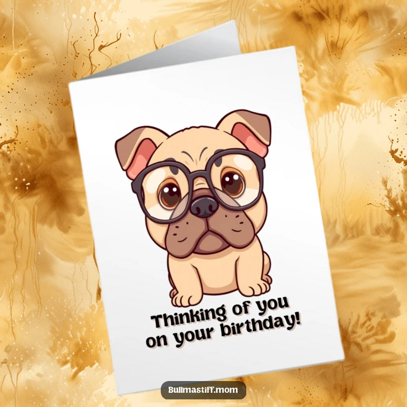 Funny Free Printable Bullmastiff wearing oversized spectacles, looking thoughtful for a birthday card.