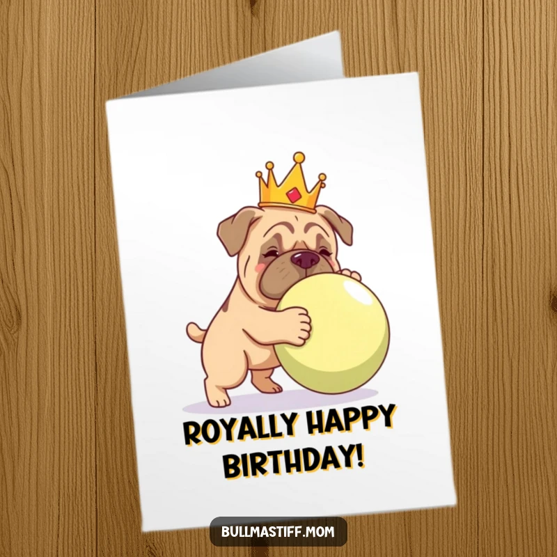 Funny Free Printable Birthday Card: A regal Bullmastiff in a crown playfully nudging a massive ball.