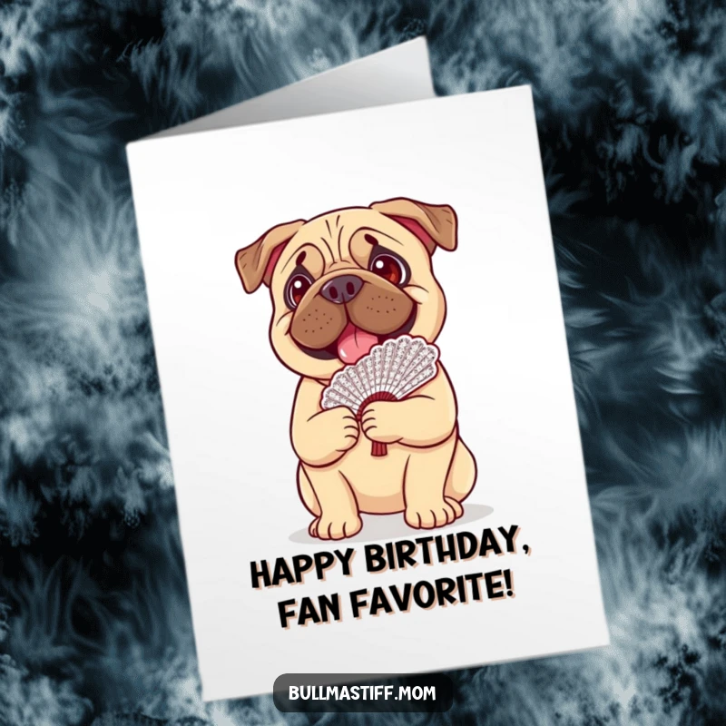 Free Printable Birthday Card: A happy Bullmastiff balances a delicate, fancy lace fan with a joyful expression.