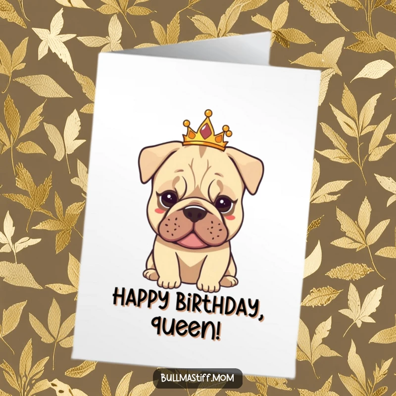 Funny Free Printable Birthday Card: Bullmastiff wearing a small tiara, exuding calm elegance and grace.