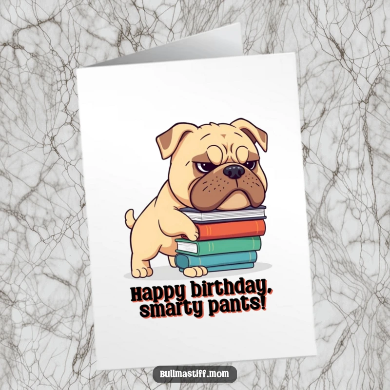 Funny Free Printable Birthday Card: A Bullmastiff with a grimace hilariously trying to balance a wobbly stack of books.