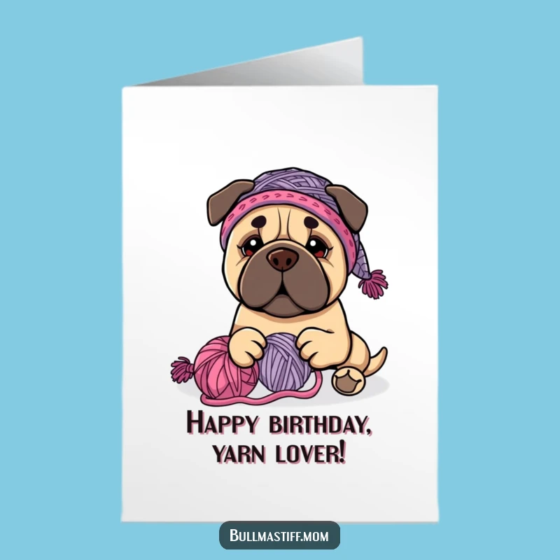 Free Printable Birthday Card: Playful Bullmastiff Yarn Fun - Downloadable Gift