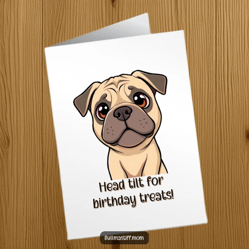 Funny Free Printable Birthday Card featuring a Bullmastiff with bright eyes, curiously tilting its head with adorable intrigue.