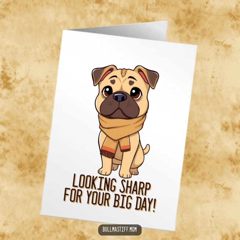 Funny Free Printable elegant Bullmastiff wearing a stylish scarf, looking sophisticated for a birthday card.