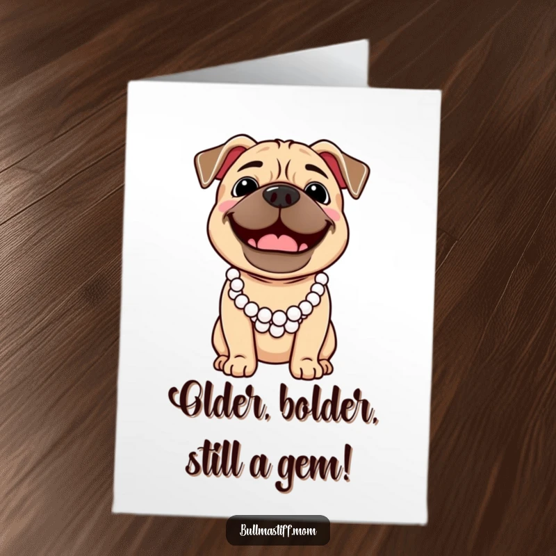 Funny Free Printable Birthday Card: Cheerful Bullmastiff wearing a pearl necklace, smiling broadly, a glamorous DIY gift.