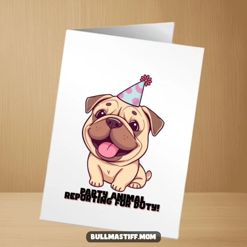 Funny Free Printable Bullmastiff with a happy expression and a tiny party hat, ready to celebrate a birthday.