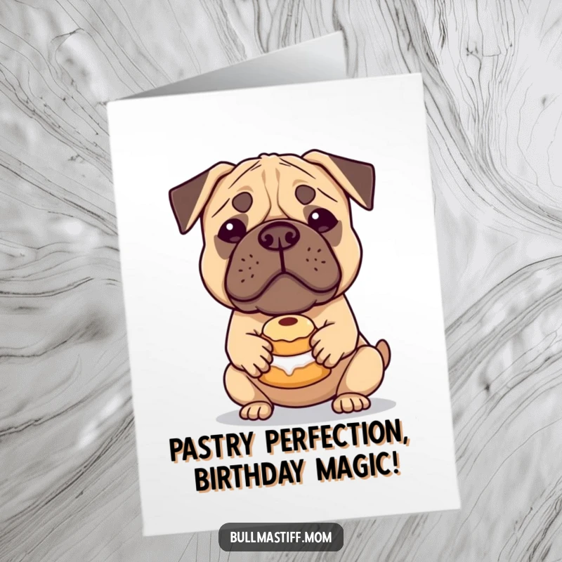 Funny Free Printable Birthday Card: A gentle Bullmastiff hilariously balances a tiny pastry on its nose.