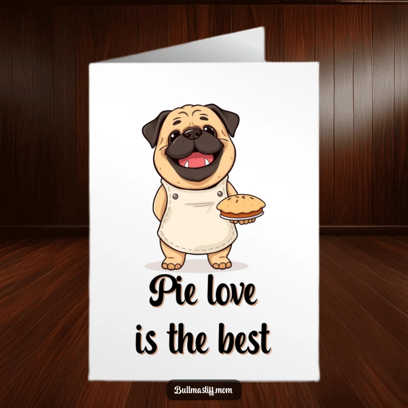 Funny Free Printable Birthday Card: A happy Bullmastiff wearing an apron proudly displays a freshly baked pie, ready for celebration.
