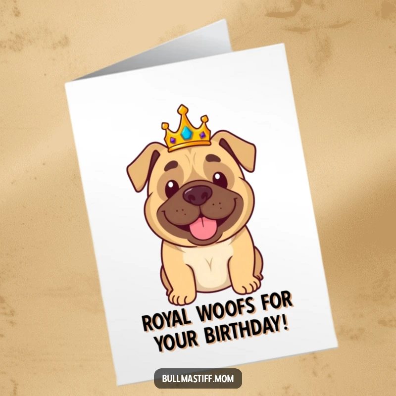 Free Printable Birthday Card: A smiling bullmastiff wearing a golden crown, giving a regal wave, perfect for a humorous royal birthday.