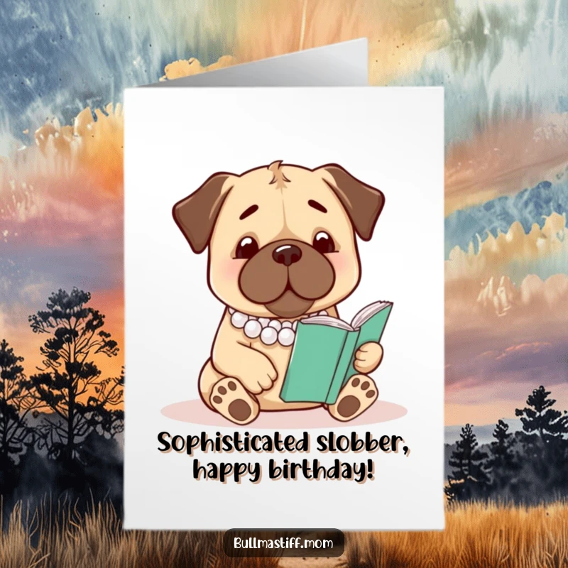 Funny Free Printable Birthday Card: Elegant bullmastiff in pearls reads a book, exuding intellectual charm and humor for any occasion.