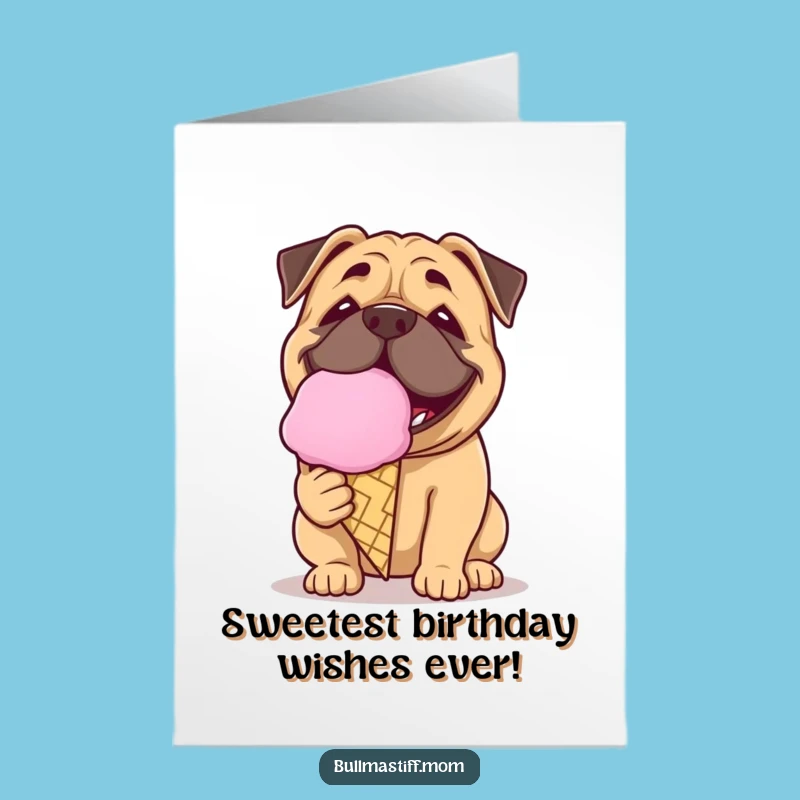 Free Printable Birthday Card: Happy Bullmastiff Ice Cream, Funny Dog Downloadable Gift