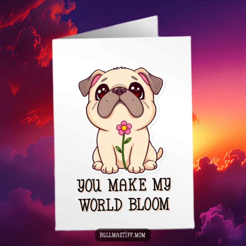 Funny Free Printable Bullmastiff with a small flower in its fur, looking up adoringly, perfect for birthdays.