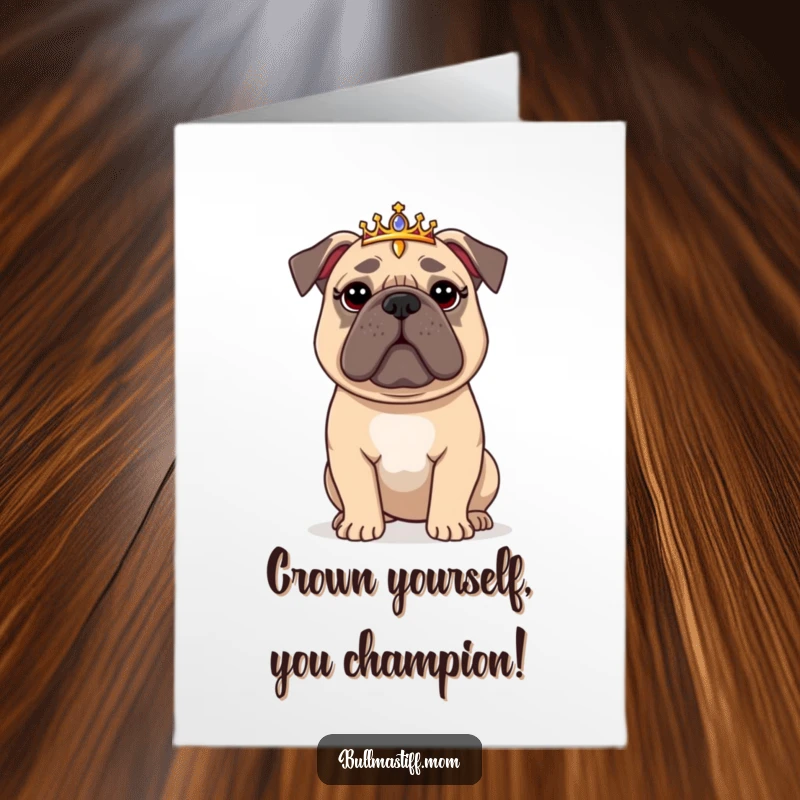 Funny Free Printable Congratulations Card: Majestic Bullmastiff in a tiny tiara, looking regal but slightly overwhelmed.