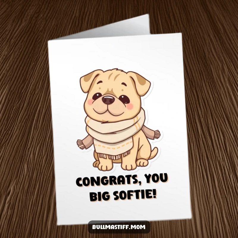 Funny Free Printable Congratulations Card: Content Bullmastiff in a scarf offering a gentle smile for your success.
