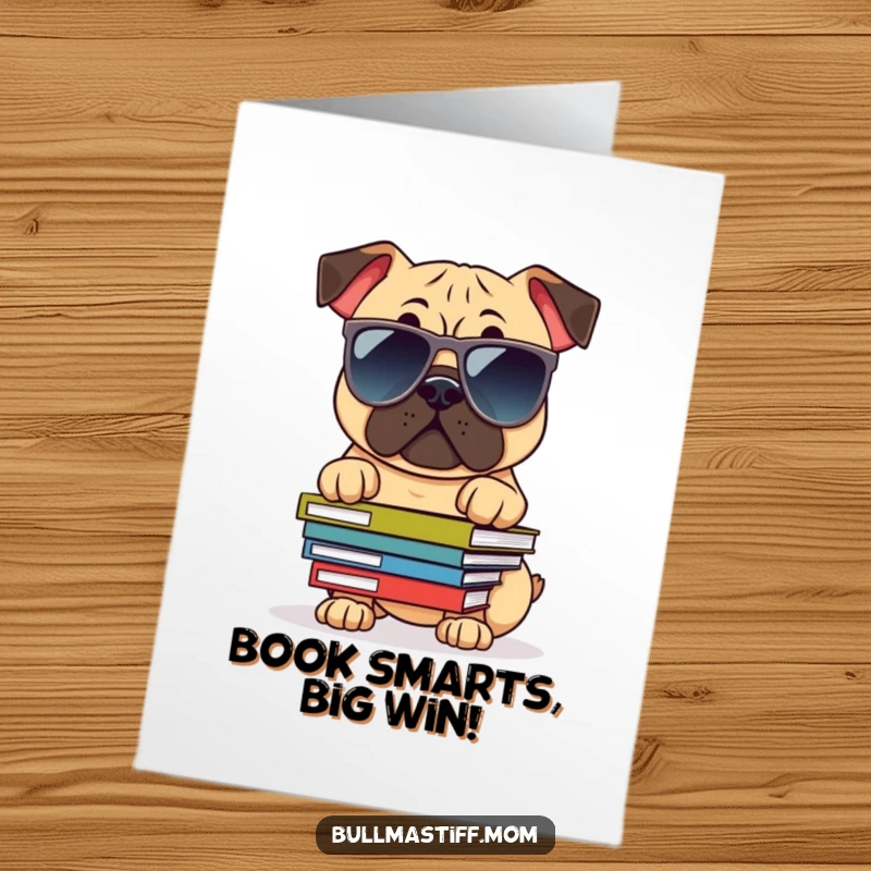Funny Free Printable Congratulations Card: A Bullmastiff in cool sunglasses balances a stack of books, celebrating intelligence and achievement.