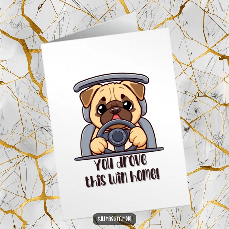 Free Printable Congratulations Card: A smiling Bullmastiff gripping a steering wheel, celebrating your awesome achievement.