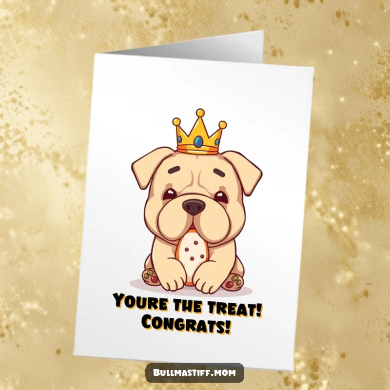 Funny Free Printable Congratulations Card: A Bullmastiff wearing a small crown, enjoying a delicious treat.